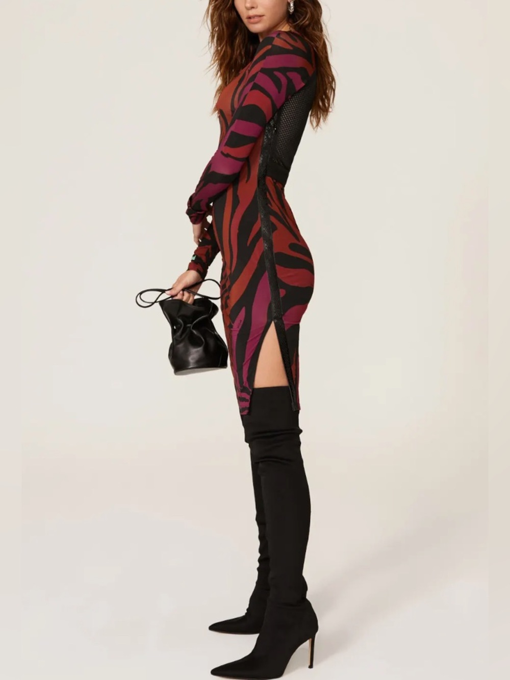 Koche | Zebra Bodycon Dress -Mesh Back-Faux Leather Side Stripe -Side Slit -Chic